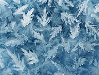 Delicate frost patterns resembling leaves on a blue winter morning