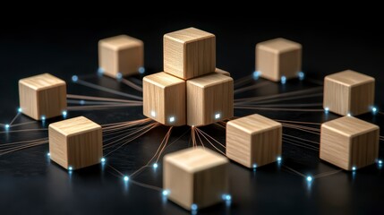 Digital Nodes, Group of connected wooden blocks with lights, Representing data exchange.