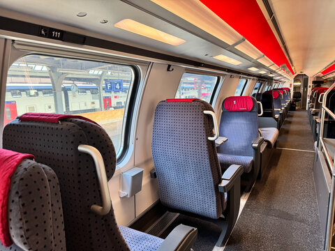 Geneva, Switzerland - July 28, 2024: Inside a first class train car on SBB railway in Switzerland