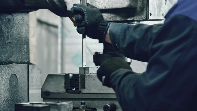 Skilled industrial worker using a lathe to tighten a part in a workshop, showcasing precision and mechanical engineering in manufacturing