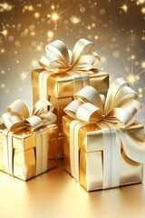 Luxurious gift boxes with golden and red ribbons, perfect for festive occasions.