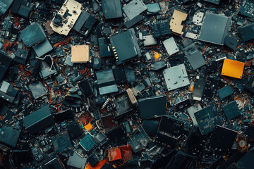 Intricate entanglement of discarded electronic circuits; a captivating scene reflecting the complexity of modern technology and e-waste challenges.