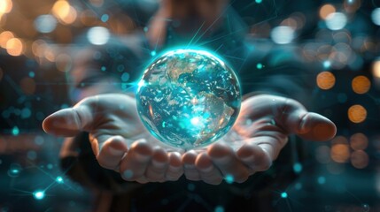 Fototapeta premium Hand Holding 3D Globe with Network Connections.
