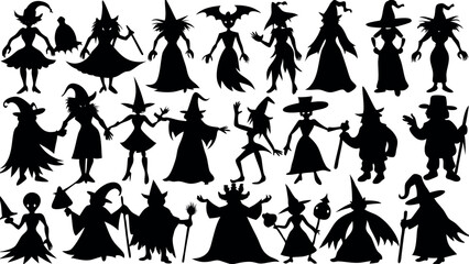Set of silhouettes of Halloween Witches