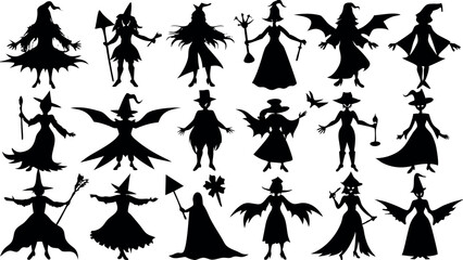 Set of silhouettes of Halloween Witches
