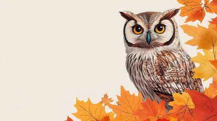 Naklejka premium Owl perched in the corner, colorful autumn leaves, minimalist background
