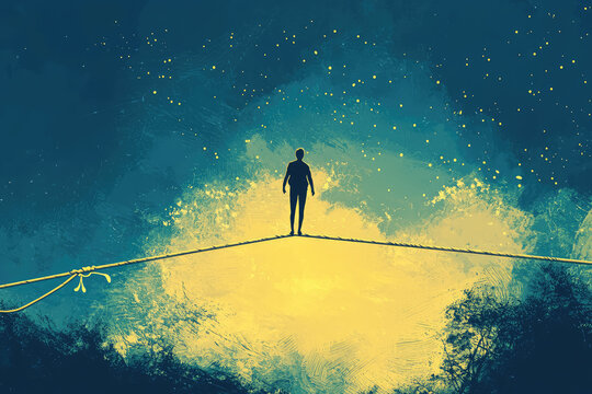 A silhouetted figure balances on a tightrope under a starlit sky, symbolizing the delicate balance of life's challenges and uncertainties.