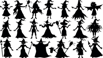 Set of silhouettes of Halloween Witches