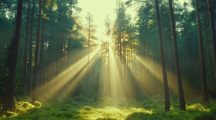 Obraz premium old trees in forest, sunlight stripes through the wood.