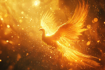 A magnificent phoenix, ablaze with golden light, rises majestically from the ashes, symbolizing rebirth and the unyielding spirit of transformation.