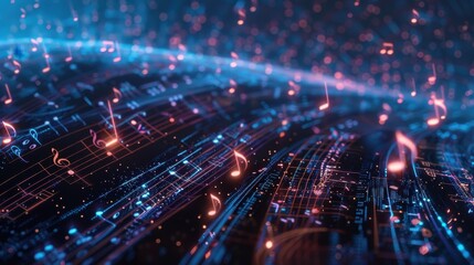 Fototapeta premium Musical notes drift through a glowing digital space illuminated by blue and pink lights