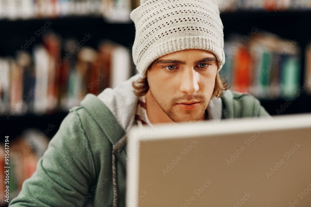 Aufkleber Student, computer and learning in college library for programming course, project and information technology. Classroom, man and study in university for education, app development and school research