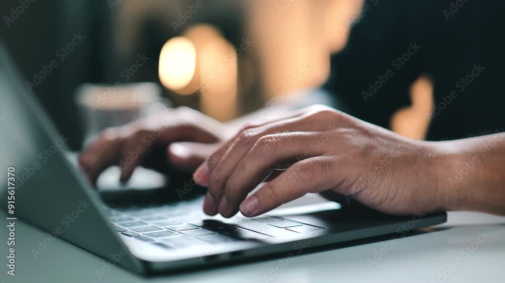 Fototapete man hands typing on a laptop keyboard, symbolizing productivity, digital work, and the use of techno