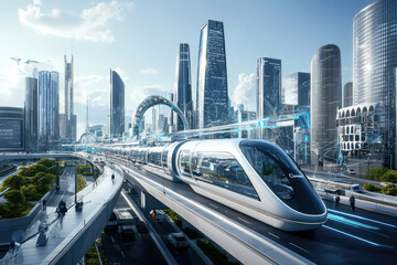 Fototapeta premium Explore the future of urban development in a sleek futuristic cityscape with advanced transportation systems and towering skyscrapers.