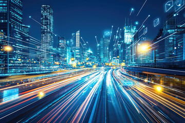 Obraz premium A high-tech urban landscape illuminated by vibrant lights and rapid transportation, showcasing the advanced infrastructure of a futuristic metropolis.