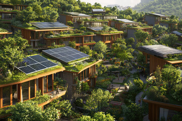 Obraz premium Explore a thriving, solar-powered community nestled in lush greenery, with sustainable architecture and vibrant vegetation. A vision of eco-friendly living.