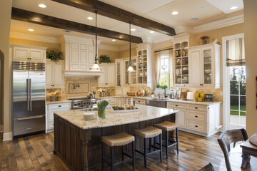 Fototapeta premium Spacious kitchen with stainless steel appliances, granite countertops, pendant lighting, and a large island with stools creates a cozy and inviting atmosphere.