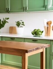 Mock-up for product stand ,Wood table in green kitchen with cupboard background