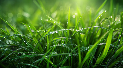 Dew-covered grass glistens in the morning sunlight in a serene outdoor environment