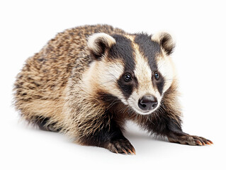 Fototapeta premium A badger crouching on a white background in a studio setting