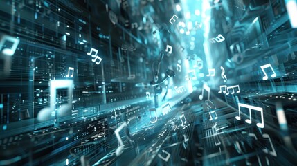Colorful musical notes cascade through an abstract digital landscape, creating a vibrant atmosphere of movement and sound