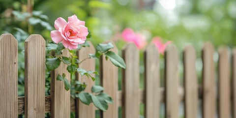 Fototapeta premium Closeup of old white picket fence with pink rose,love and romance in garden,copy space,web banner.