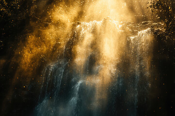 A mesmerizing waterfall with golden sunlight illuminating the cascading water, creating a magical, dreamlike ambiance in the natural surroundings.