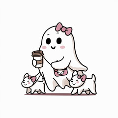  Halloween ghost ,The ghost is accompanied and taking two small white ghost dogs for walk