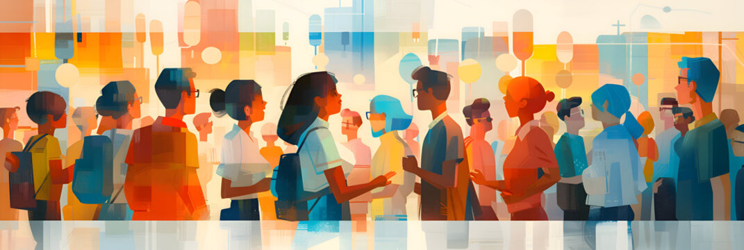 Visualize a scene of a multilingual community, where people switch between languages fluidly in their daily interactions