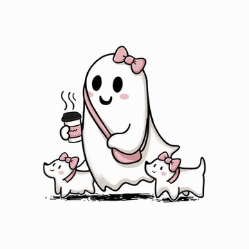 Halloween ghost ,The ghost is accompanied and taking two small white ghost dogs for walk