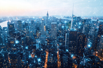 Fototapeta premium A captivating cityscape with towering skyscrapers illuminated by interconnected blue lights, representing a blend of urban landscape and digital connectivity.