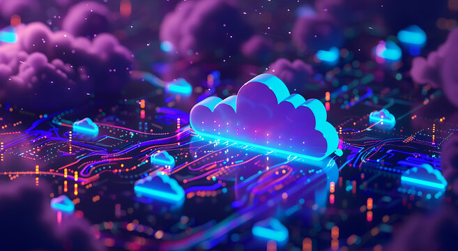 Neon light cloud computing futuristic technology and cloud storage illustration embodies network technologies cyberspace, showcasing a futuristic server in isometric perspective, dark background.