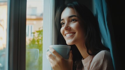 A woman sitting by the window, holding a cup of coffee and gazing outside