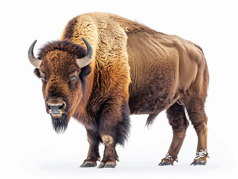 A close-up view of a bison standing on a white background