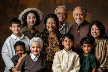Obraz premium A delightful family portrait showcasing multiple generations sharing love, warmth, and joy, set against a cozy, textured backdrop filled with earthy tones.