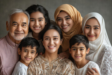 Obraz premium A radiant family portrait showcasing three generations. Beaming grandparents, kids, moms in hijabs, close together with love and joy.