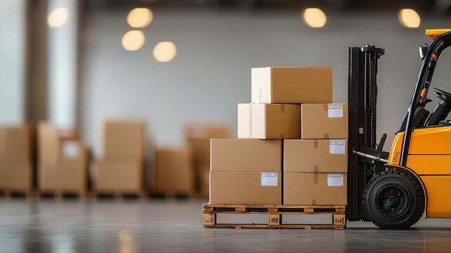 Labeled moving boxes being carefully stacked on a pallet, prepared for forklift transport, efficient packing