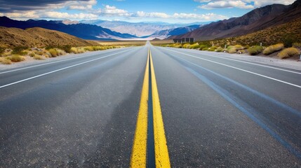 Fototapeta premium Empty Road Leading to Mountains Under Blue Sky.
