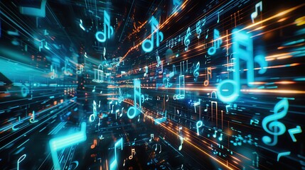 Obraz premium Bright musical notes and colorful lights create a vibrant, energetic atmosphere in a digital music-themed visual