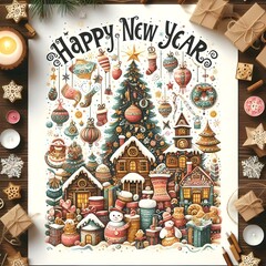 Naklejka premium Happy New Year: Stunning Unique and Elegant New Year Design for Cards, Greetings, and Print - Celebrate with Creative, Festive, and Eye-Catching Messages