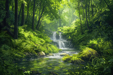 Obraz premium A serene forest with a cascading waterfall surrounded by vibrant foliage, illuminated by soft sunlight, creating a tranquil and picturesque scenery.