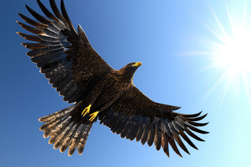 Fototapeta premium A majestic golden eagle soars through the clear blue sky, spreading its wings wide with the radiant sun casting a brilliant glow behind it.