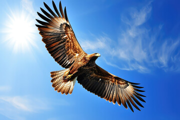 Fototapeta premium Majestic Golden Eagle Soaring Gracefully Against a Clear Blue Sky on a Sunny Day, Wings Fully Spread to Capture the Wind in a Spectacular Flight