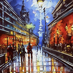 Obraz premium Oil painting. Street illustration. Pattern for printing on wall decorations, fabrics, and for use in graphics. Generated by Ai