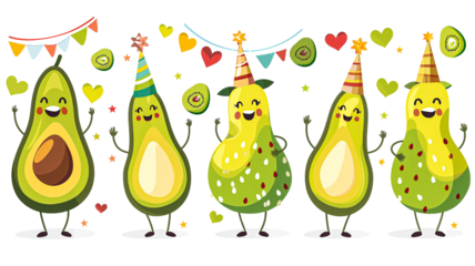 Set of cute smiling avocado characters in different poses with party hats, stars, and hearts isolated on transparent background