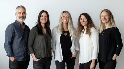 Group of five professionals posing together in a studio setting during a bright afternoon
