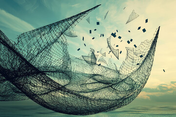 A torn safety net depicted in midair as it breaks apart, hinting at the fragility of support systems and the unpredictable nature of life's struggles.