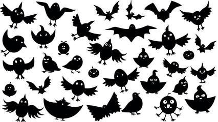 Set of silhouettes of Halloween cute birds