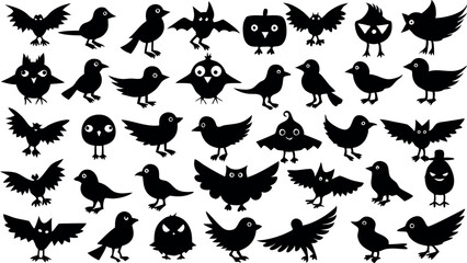 Set of silhouettes of Halloween cute birds