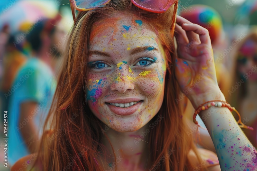 Wall mural a young girl with long brown hair, smiling and covered in colorful powder, celebrating the holi fest